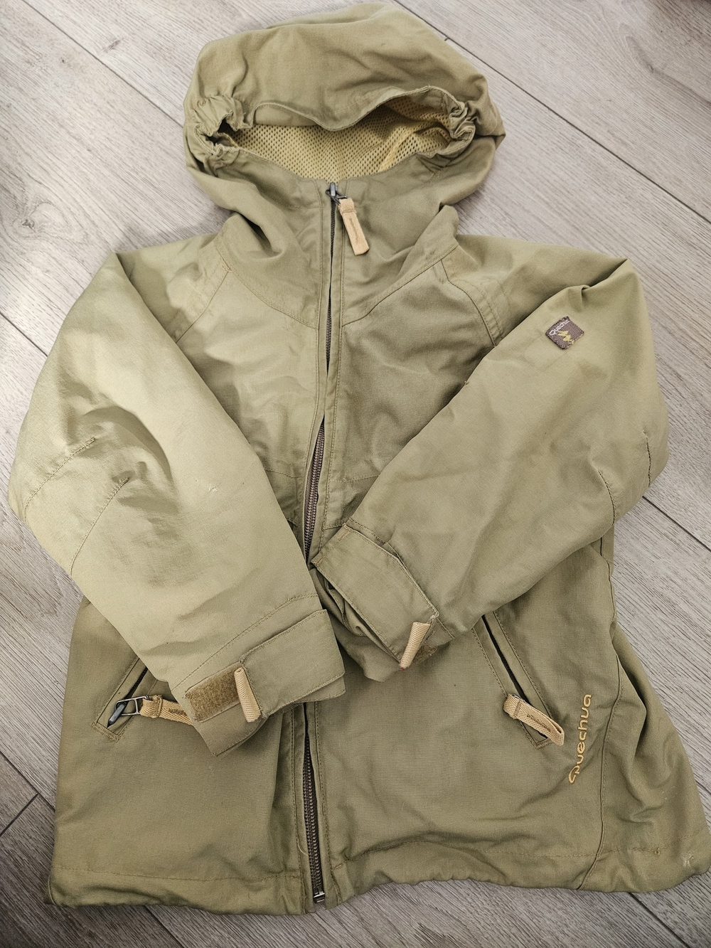​Quechua Hooded Hiking Rain Jacket Windbreaker Khaki Beige Tan Coat Outdoor 3-4T